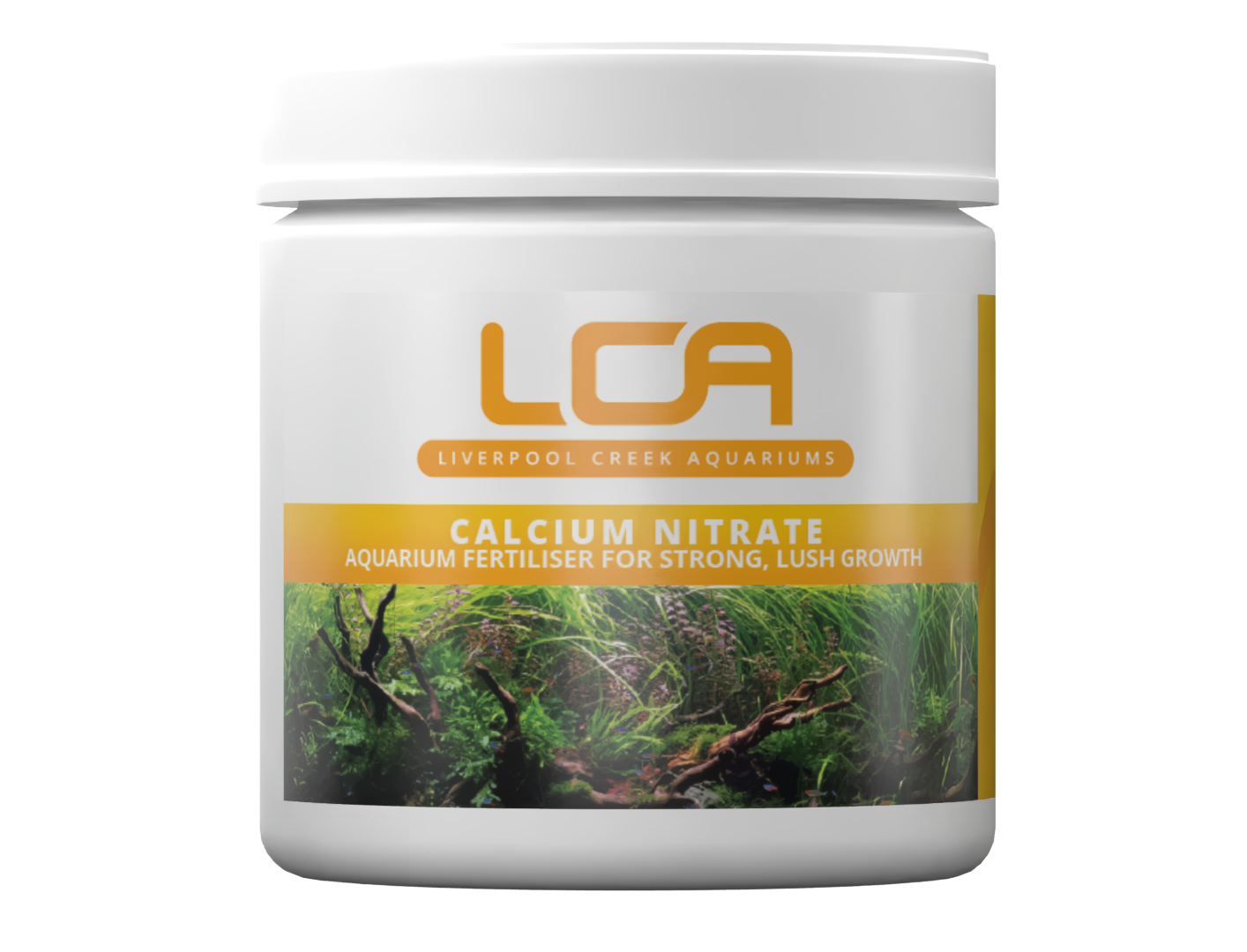 Jar of LCA Calcium Nitrate for aquarium use on a white background