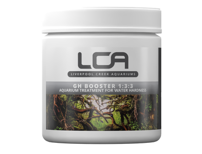 Jar of LCA GH Booster aquarium treatment with a scenic label