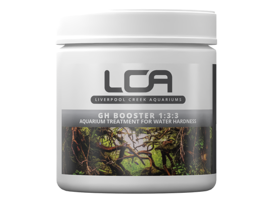 Jar of LCA GH Booster aquarium treatment with a scenic label