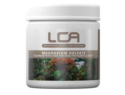 Container of Liverpool Creek Aquariums magnesium sulfate for aquarium plants on a white background