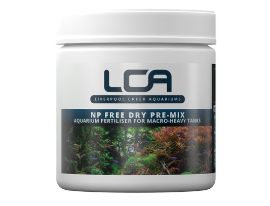 Jar of Liverpool Creek Aquariums NP Free Dry Pre-Mix aquarium fertiliser on a white background