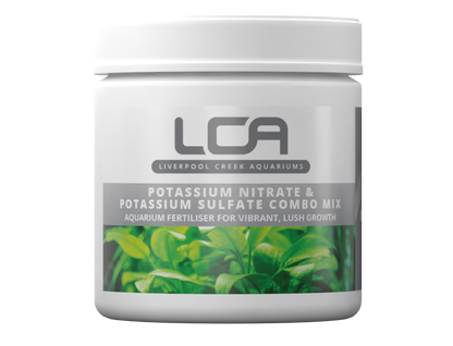 Jar of LCA Potassium Nitrate & Sulfate Combo Mix with green aquatic plant imagery on a white background