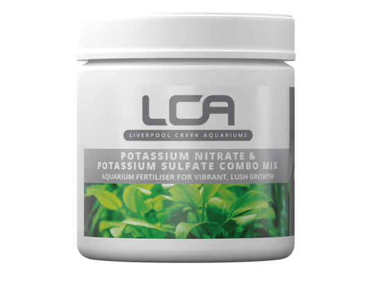 Jar of LCA Potassium Nitrate & Sulfate Combo Mix with green aquatic plant imagery on a white background