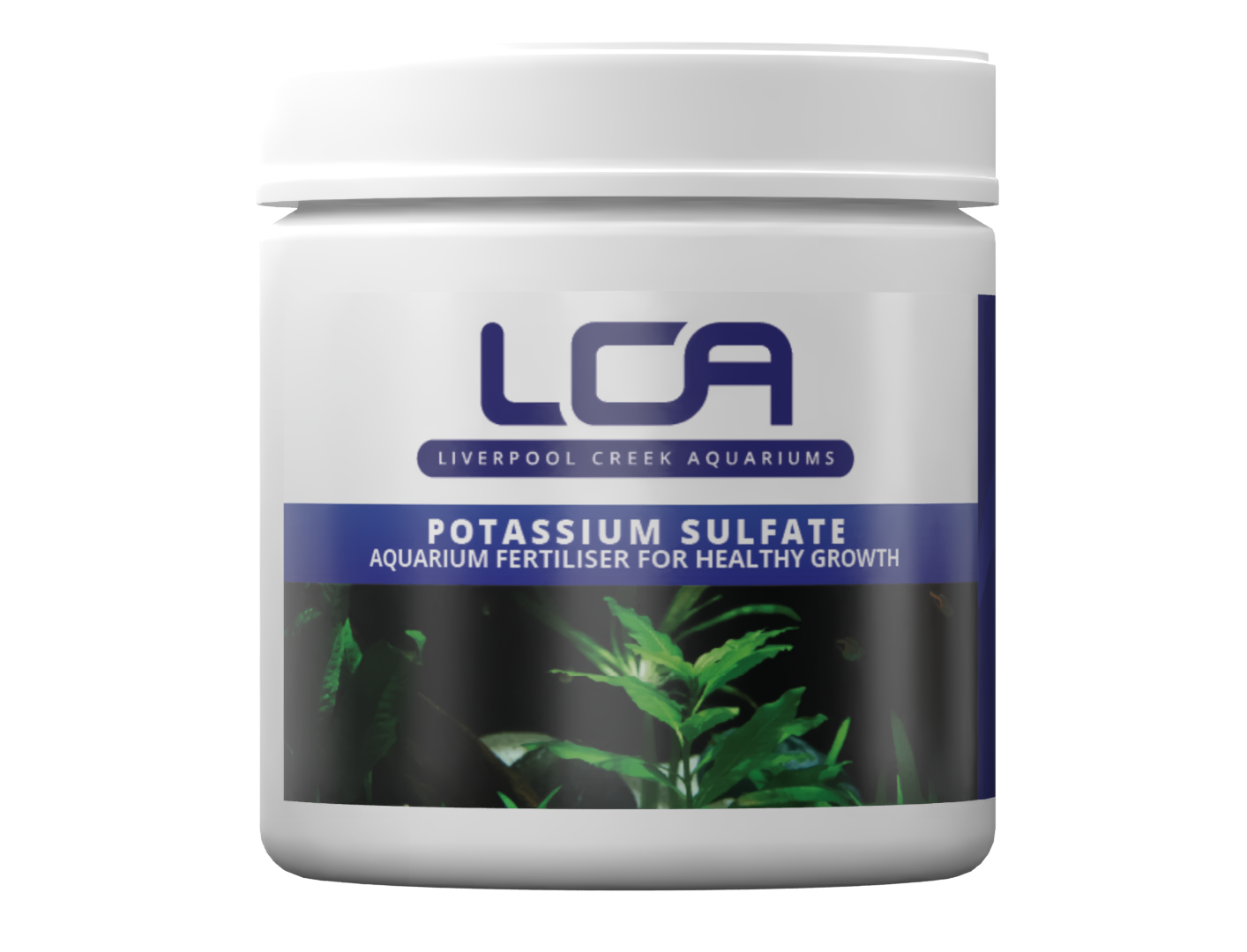 Jar of Liverpool Creek Aquariums Potassium Sulfate aquarium fertilizer on a white background