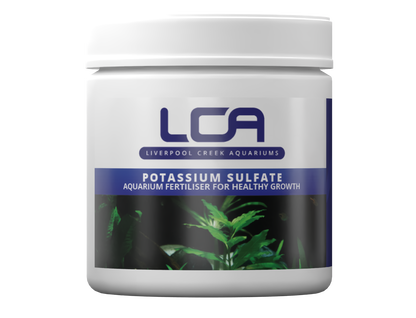 Jar of Liverpool Creek Aquariums Potassium Sulfate aquarium fertilizer on a white background