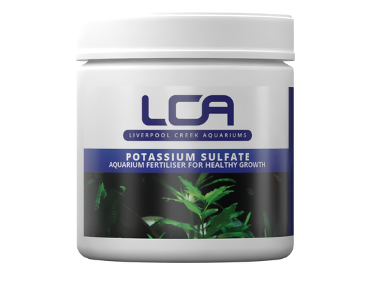 Jar of Liverpool Creek Aquariums Potassium Sulfate aquarium fertilizer on a white background