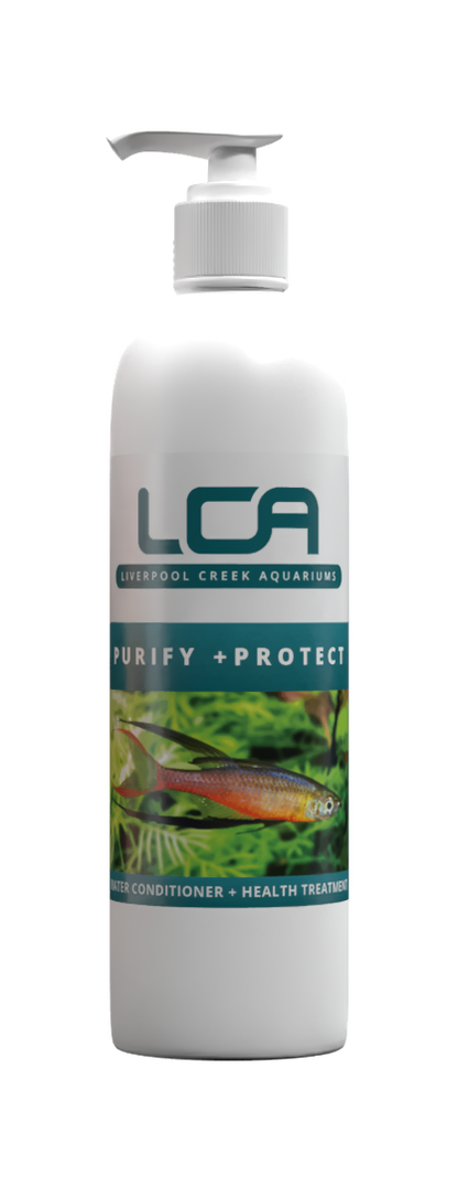 LCA bottle with pump for aquarium, featuring text 'Purify + Protect' and an image of fish and plants.