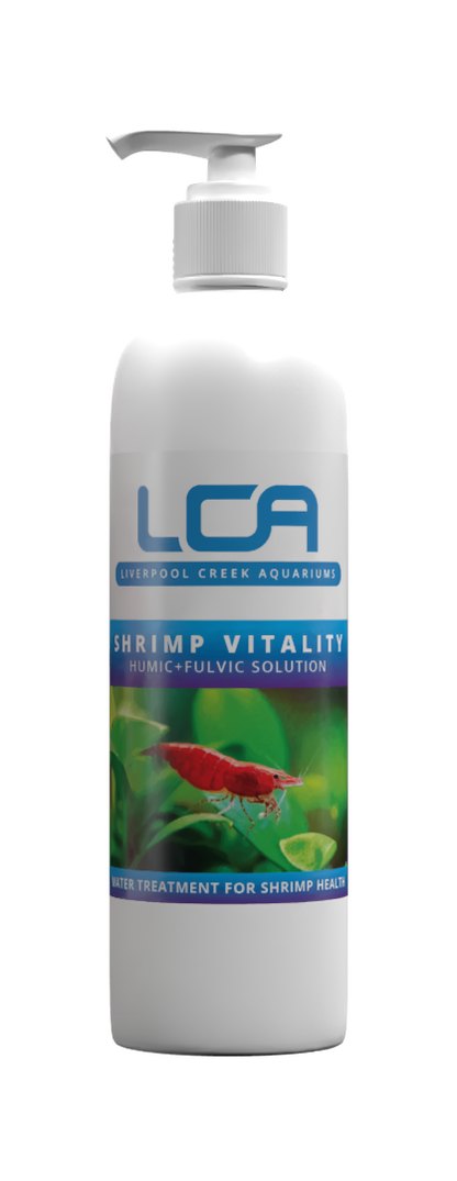 Bottle of LCA Shrimp Vitality with a fish and plant design on the label.