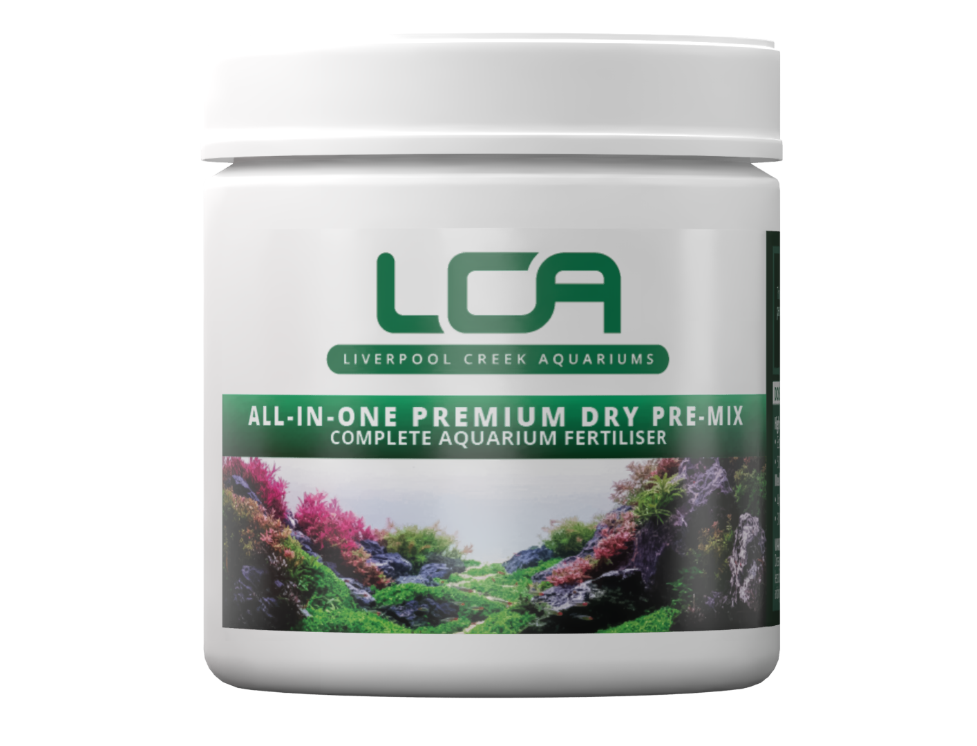 Container of LCA (Liverpool Creek Aquariums) aquarium fertilizer on a white background