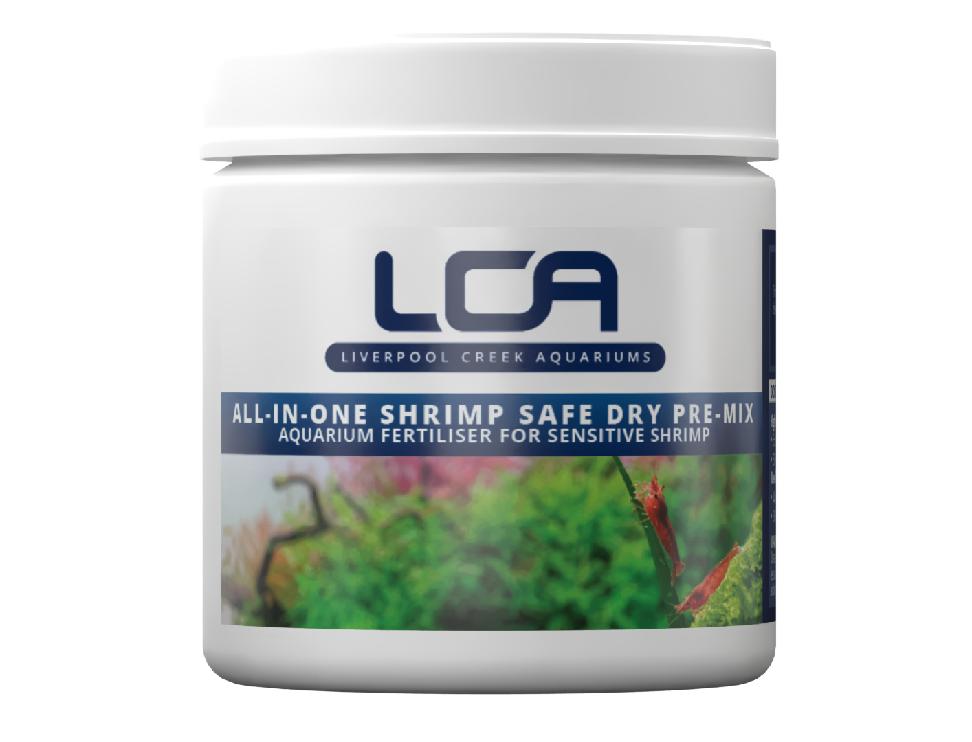 Jar of LCA (Liverpool Creek Aquariums) shrimp-safe dry pre-mix for aquariums on a white background