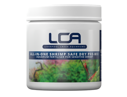 Jar of LCA (Liverpool Creek Aquariums) shrimp-safe dry pre-mix for aquariums on a white background