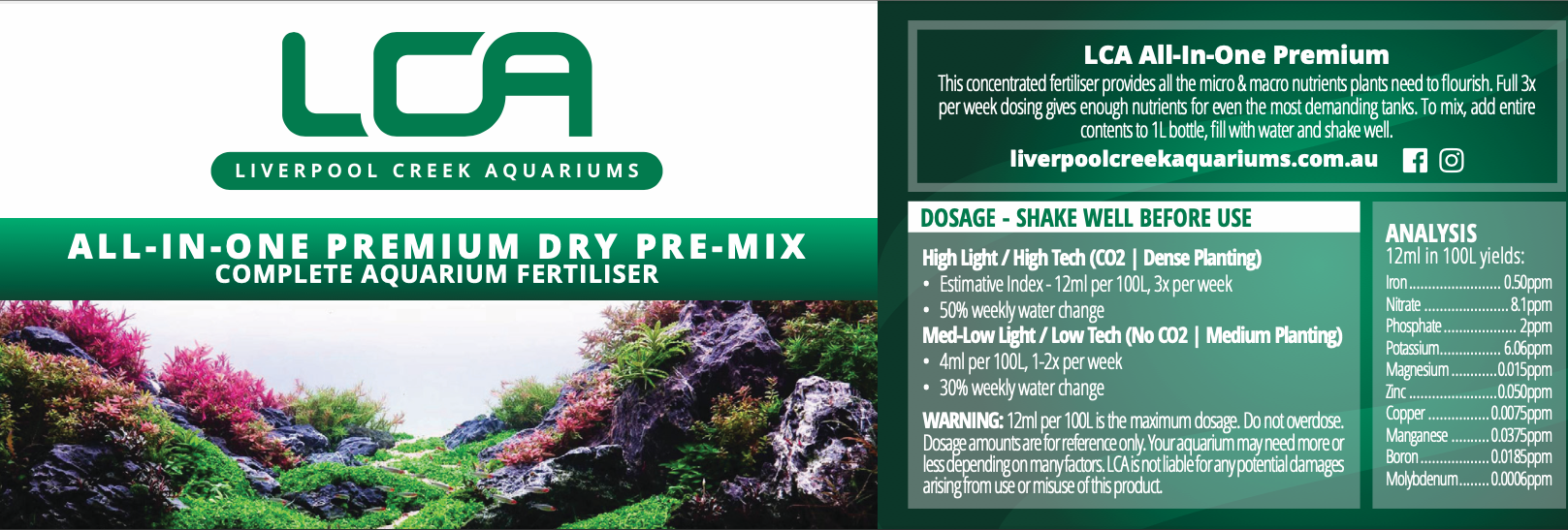 LCA Liverpool Creek Aquariums All-in-One Premium Dry Pre-Mix aquarium fertilizer with scenic background and text.