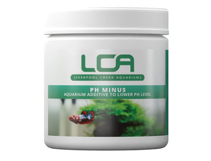 Jar of LCA pH Minus aquarium additive on a white background