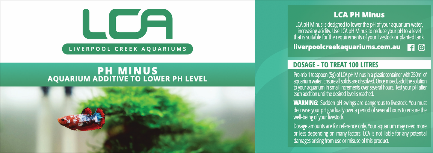 LCA pH Minus aquarium additive with product packaging and text.